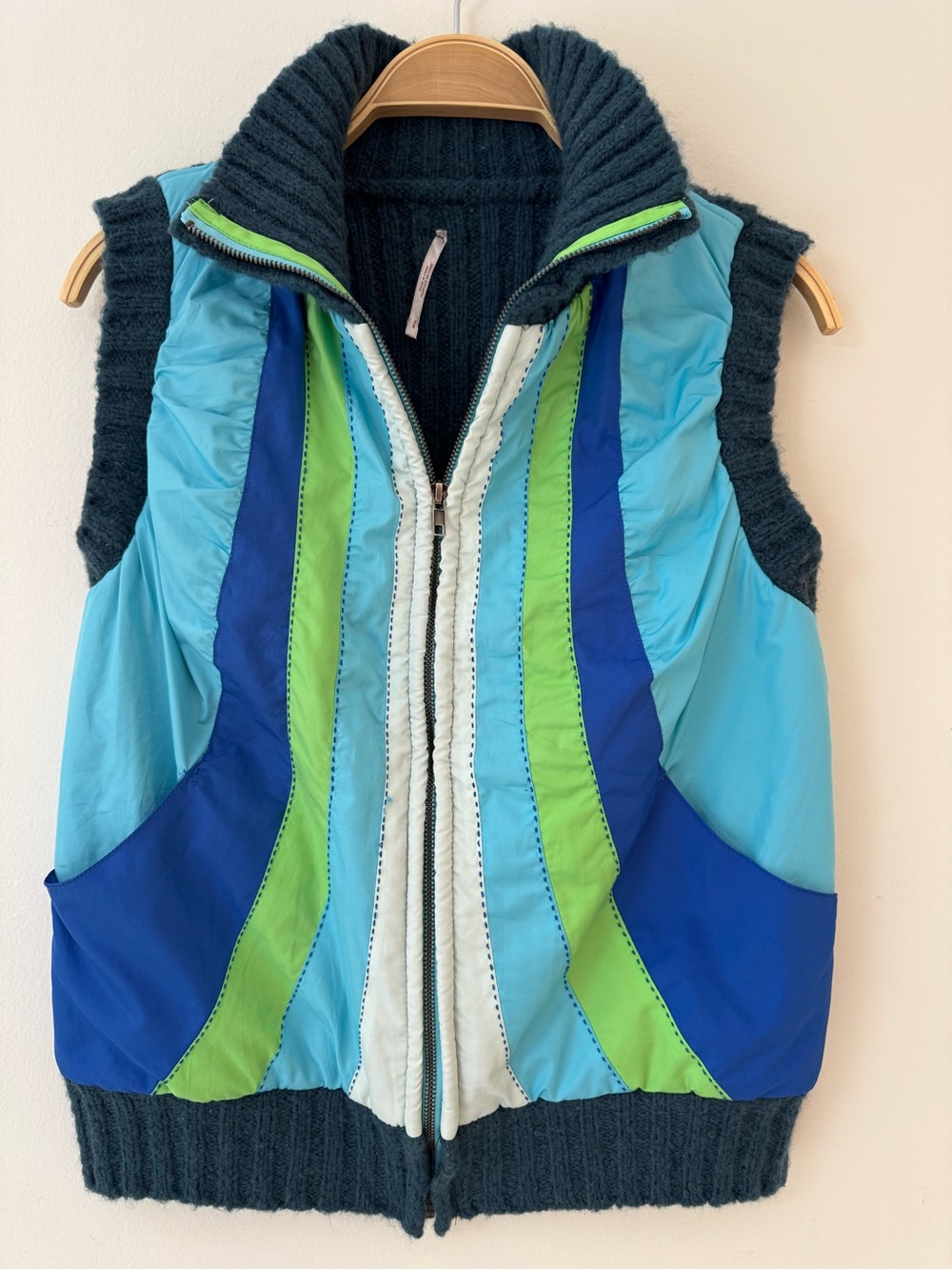 Free People Teal, Blue & Neon Lime Colorblock Puffer Ski Vest Retro 80s Size M